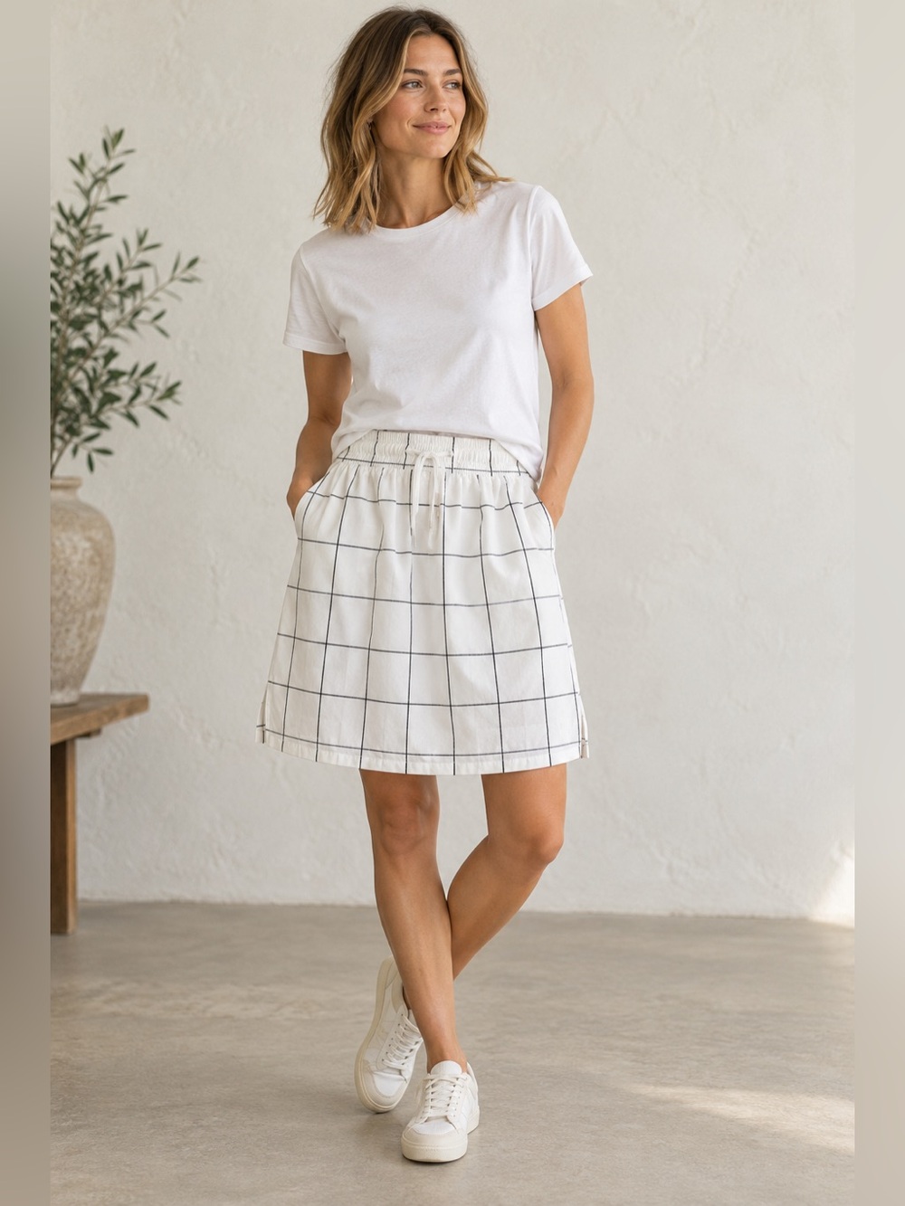 Albion the Away Skirt • size medium • White Windowpane Drawstring Skirt